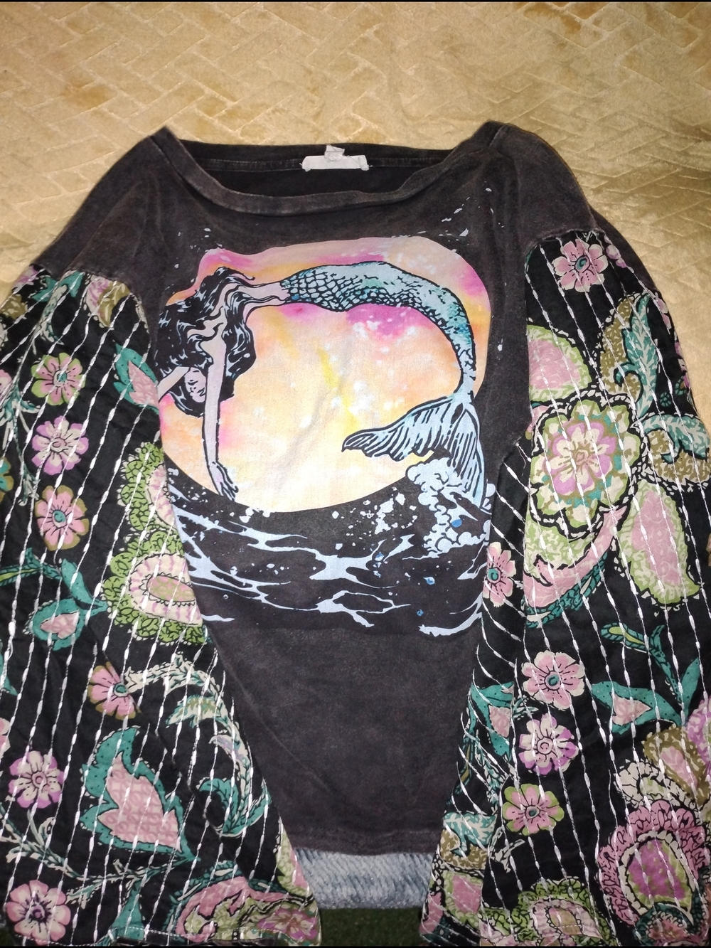 Mermaid Graphic Pullover with Floral Quilted Sleeves - Multicolor